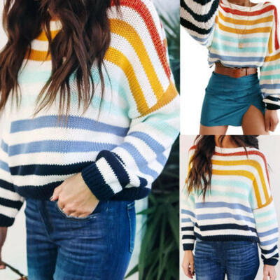 

Womens Knitted Casual Loose Sweater Jumper Pullover Autumn Winter Stripe Tops