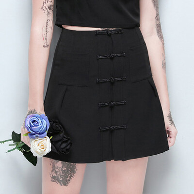 

Roseonmyhand Women Gothic Punk Black Retro Solid Chinese Buckle Skirt High Waist Midi Skirt