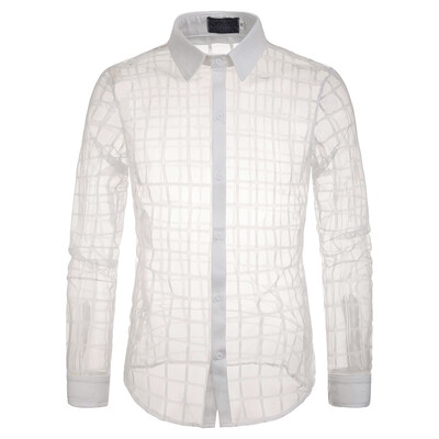 

Tailored Sexy Mens Mesh Plaid Slim Fit Turn-Down Collar Long Sleeve Top Blouse Shirt