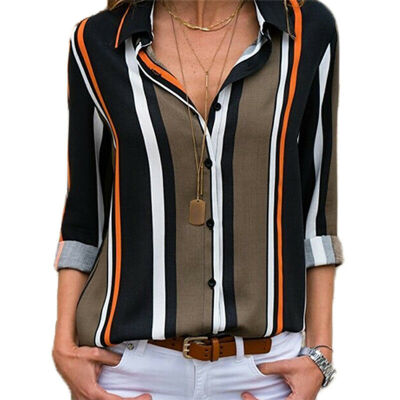 

Women V-neck Chiffon Tops Long Sleeve Tunic Blouse Stripe Shirts Plus Size