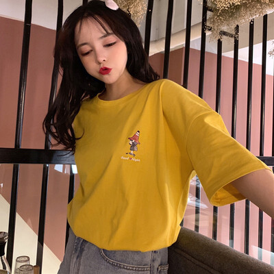 

T shirt Women Loose Round Neck Cartoon Little Girl Letters Print Short Sleeve Harajuku T-Shirt camisetas verano mujer