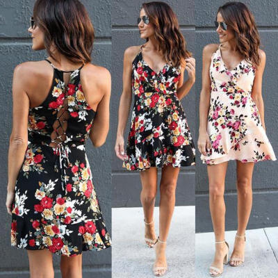 

Women Boho Floral Print Beach Dress Lady Evening Party Sleeveless Maxi Dress