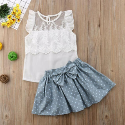 

USA Infant Toddler Baby Girl Summer Outfits T-shirt TopsBowknot Skirt 2pcs Set