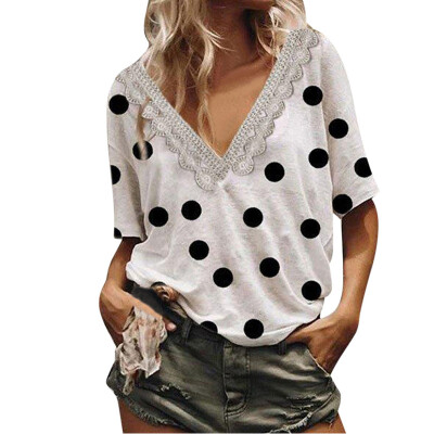 

Womens Polka Dots Casual Lace Baggy Summer V-neck Half Sleeve Tops Blouse Party