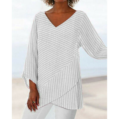 

Womens Striped V Neck Blouses Loose Baggy Tops Tunic T Shirts Plus Size