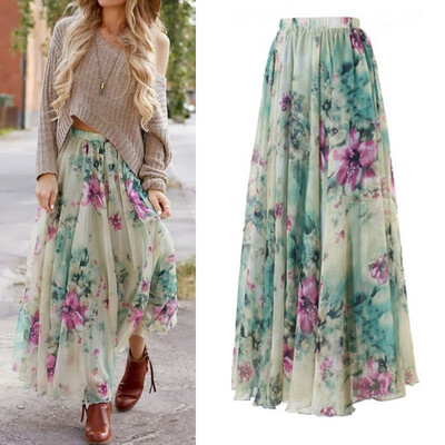 

New Women Chiffon Floral High Waist Maxi Dress Skater Flared Pleated Long Skirt