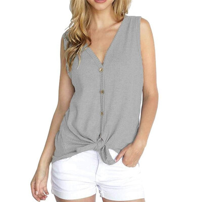 

New Summer Women Knitted Tank Top Tie Knot Front Buttons V neck Sleeveless Casual Tunic Blouse Vest