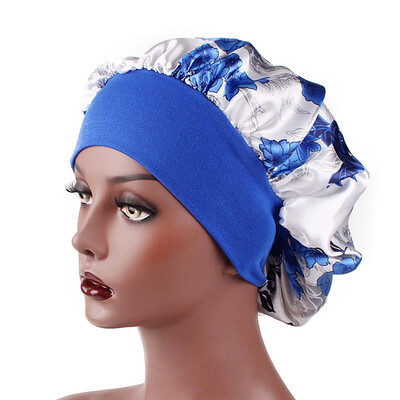 

Silky Flowers Pattern Woman Sleep Caps Hair Care Head Cover Wide Nightcap Wrap