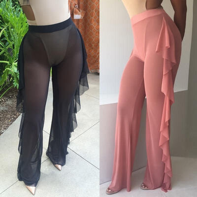 

Women Ladies Trousers Mesh Palazzo Wide Leg High Waist Long Loose Casual Pants