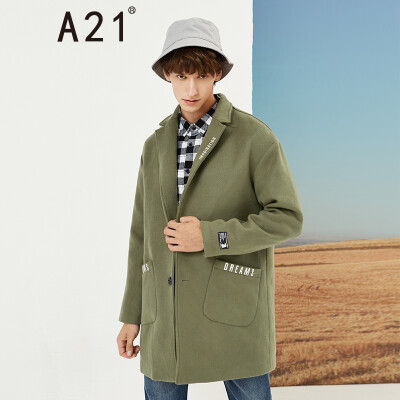 

A21 2018 autumn&winter new mens woolen coat letters embroidered cashmere lapels long sleeve long sleeved jacket 4841212002 olive green 18596AXXL