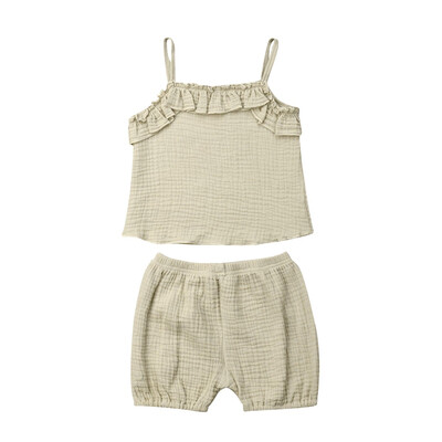 

2PCS Newborn Baby Girls Cotton linen Strap TopsShorts Summer Outfits Set 0-3Y