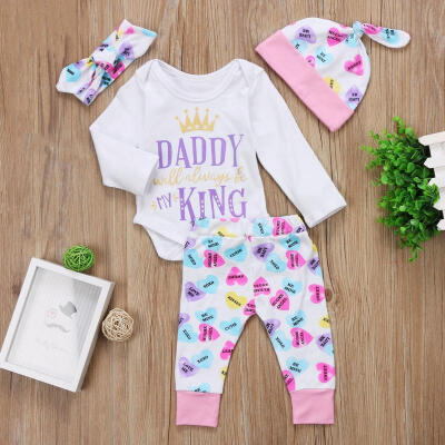 

4PCS Newborn Baby Girl Boy Tops Romper Long Pants Headband Outfits Clothes Set