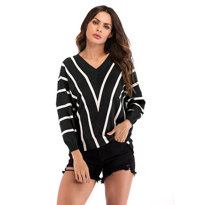 

2018 Autumn And Winter New Striped V-Neck Sweater Loose Bat Sleeve Bottoming Shirt
