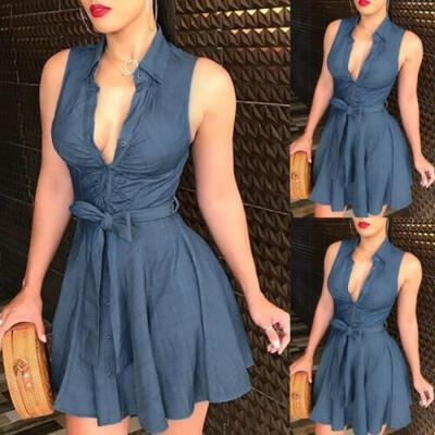 

Womens Summer Bodycon Denim Sleeveless Short Dress Party Evening Mini Dresses