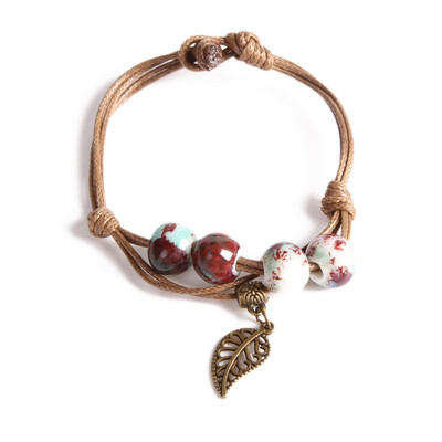 

New Design Kiln Porcelain Designed Specialty In Jingdezhen Folk Style Ceramic Round Beads Rope Chain Braided Bracelet