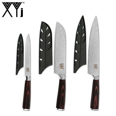 

XYj Stainless Steel 3pcs Knife Set Damascus Pattern Blade Sharp Color Wood 8 7 5 Chef Santoku Utility Knife Kitchen Tool