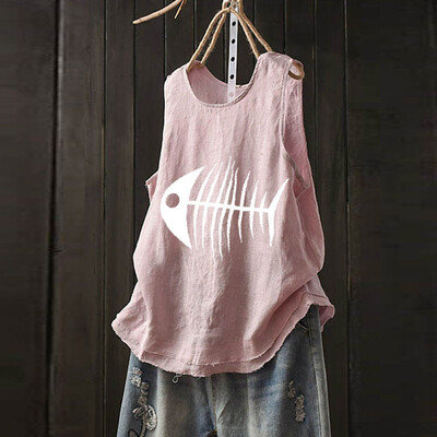 

Roseonmyhand Plus Size Women Sleeveless Cotton Linen O-Neck Print Blouse Top T-Shirt