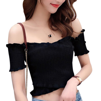 

Elegant Solid Off Shoulder Cropped T-shirt Women Summer Short Sleeve Ruffles T-Shirt Top Ladies Elastic Knitted Short Tee Top