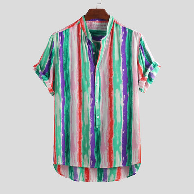 

Toponeto Mens Cotton Printed Hawaiian Stand Collar Short Sleeve Loose Shirts