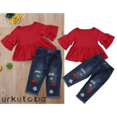 

Infant Kids Baby Girls 2Pcs Outfits Falbala Shirt TopsDenim Long Pants Sets