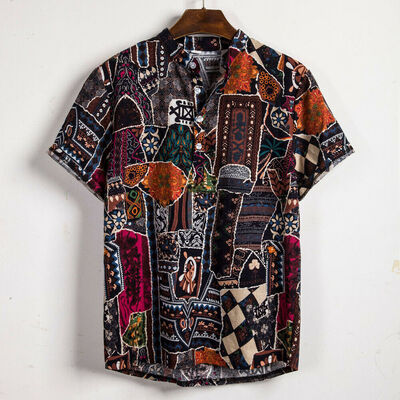 

Mens Linen Short Sleeve Summer Ethnic Shirts Casual Loose Dress Soft Top Tee