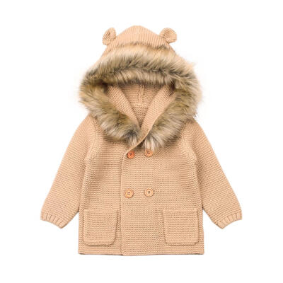 

Baby Hooded Knitted Sweaters Fur Collar Double-breasted Cartoon Ears Coat