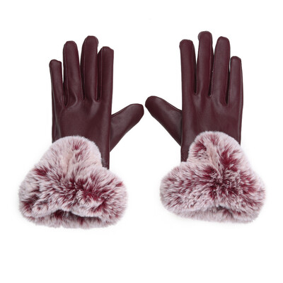 

Winter PU Leather Mittens Lady Elegant Female Rabbit Hair Gloves