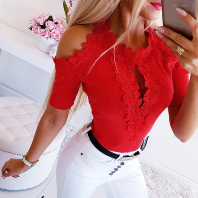 

Ladies Summer T-Shirts Tops Sexy Openwork Lace Short Sleeve Round Collar Bottoming Shirt Tops Tees for Women