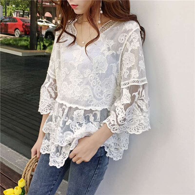 

Women Sexy Summer Trumpet Sleeve Hollow Beach Blouse Sun Protection Dress Swimsuit Cover Clothing