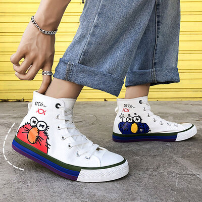 

Autumn high canvas shoes mens flat shoes deodorant breathable student society wild personality graffiti tide shoes mens shoes