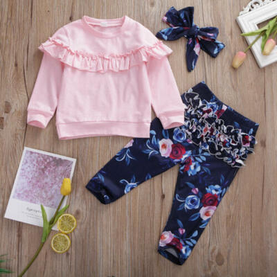 

US Sweet Newborn Baby Girl Kids Tops Floral Pants Headband Clothes 3PCS Sets