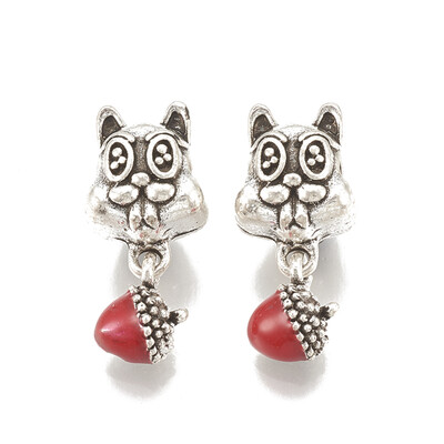 

Alloy European Dangle Beads Large Hole Pendants with Enamel Squirrel with Pine Cone Red Antique Silver 23mm