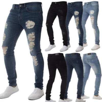 

US Mens Skinny Fit Ripped Destroyed Distressed Jeans Frayed Stretch Long Pants