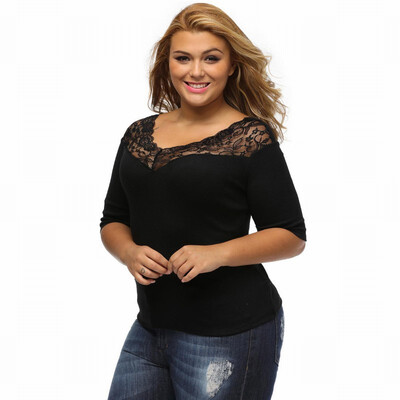 

Plus Size street black deep V-neck seven-point sleeve lace stitching smock top