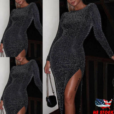 

Sexy Womens Long Sleeve Sequins Shimmer Dress Party Evening Midi Dress Clubwear