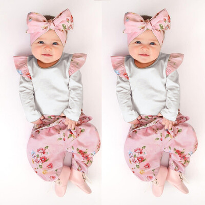 

Infant Baby Girls Solid Romper JumpsuitFloral Pants Headbands Outfits Set