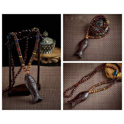 

Handmade Nepal Jewelry Buddhist Mala Wood Beads Pendant Necklace Ethnic Horn Fish Long Statement Necklace For Women Men