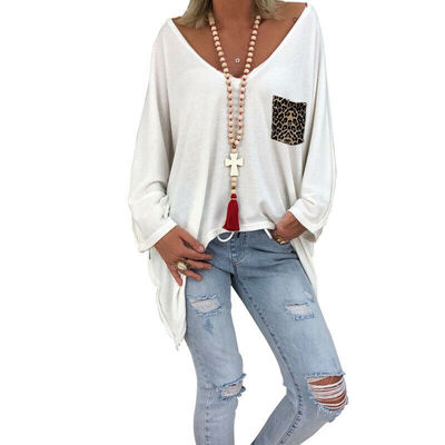 

Womens T-shirt Long-sleeved Loose Baggy Tees Tops Fall Pocket Plain T Shirt
