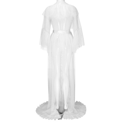 

Toponeto New Women Sexy Mesh Long Ruffle Robe Bathrobe Lingerie Sleepwear Belt Pajamas