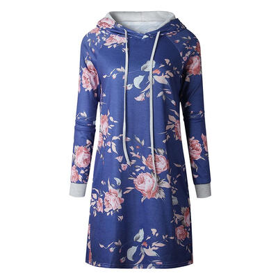 

Fashion Cute Floral Print Women Dress Drawstring Long Hoodies with Pockets