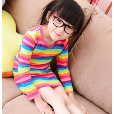 

Rainbow Striped outfit skirt Girls Dress Long sleeve Cotton Kids Summer Clothes