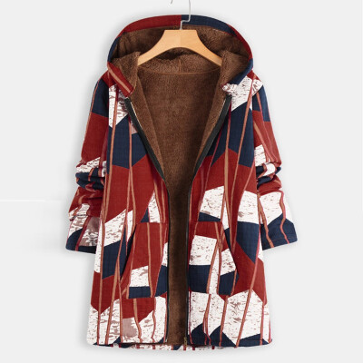 

Toponeto Women Plus Size Winter Warm Vintage Stripe Print Asymmetrical Hooded Outwearcoat