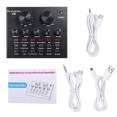 

V8 Multifunctional Live Sound Card Intelligent Volume Adjustable Audio Mixer Sound Card for Computer PC Live Sound with Microphone