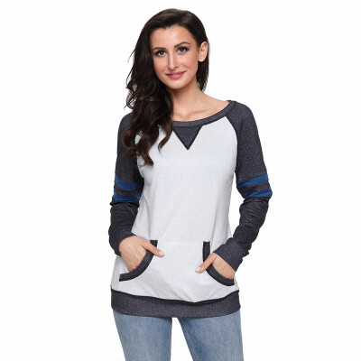 

Round neck long sleeve striped two pocket shirt casual straight jacket womens