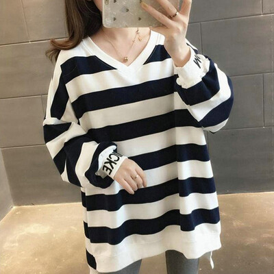 

Women Autumn Spring Stripes Print Slim Long Sleeved V Collar Slim Casual Sweater