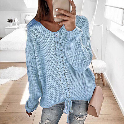 

Women V Neck Long Sleeve Sweater Lace Up Knitted Jumper Plus Size Pullover Tops