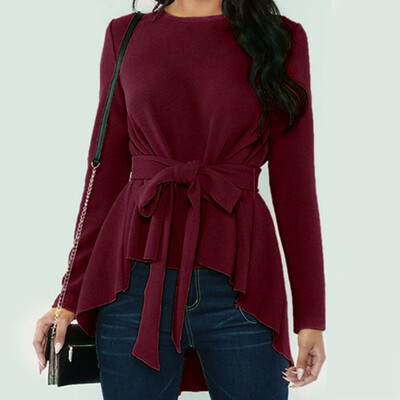 

Tailored Fashion Women Casual Long Sleeve Solid Stitching O Neck Loose Frenulum Blouse