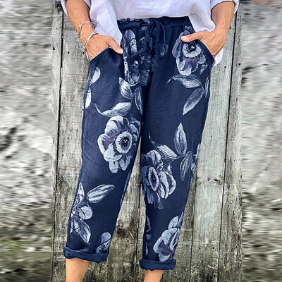 

Plus Size Women Long Pants Summer Boho Floral Pants Pocket Loose Pants