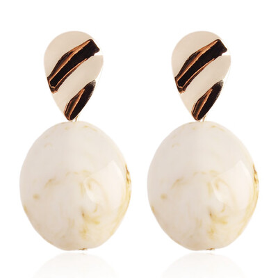 

Alloy Dangle Earrings with Resin Faceted Oval Golden Plated AntiqueWhite 50x30mm