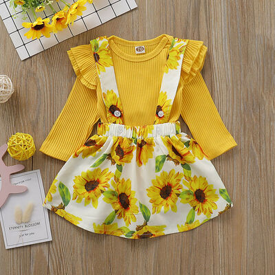 

2PCS Autumn Clothes Toddler Baby Girl Cotton Knitted Tops Sunflower Skirt Outfit